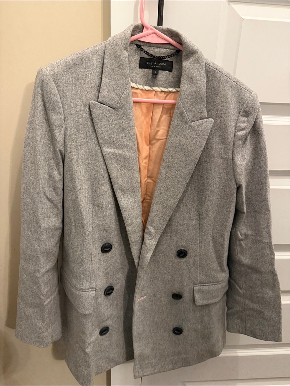 rag & bone Gray Double-Breasted Blazer with Peach Lining